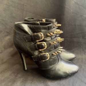 John Richmond Black Label black leather stiletto booties with gold spikes-9.5